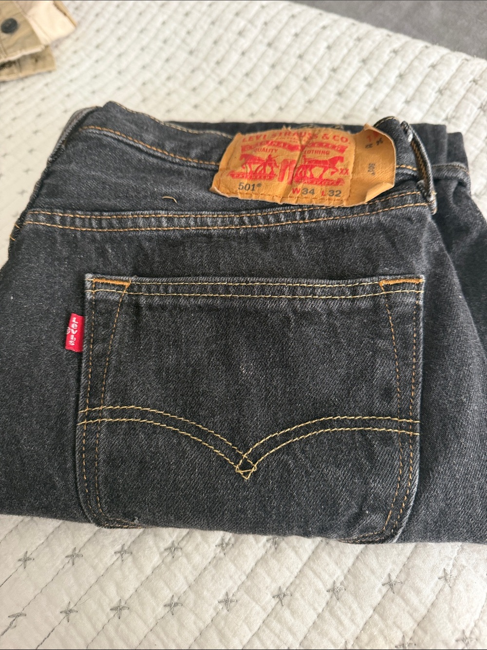 Levi's Black Straight Leg 501 Jeans with Tan Leather Patch